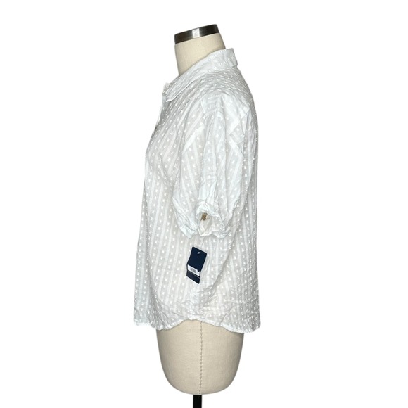 LUCKY BRAND White Textured Swiss Dot Short Sleeve Button Up Blouse Top Women's M - Picture 2 of 6